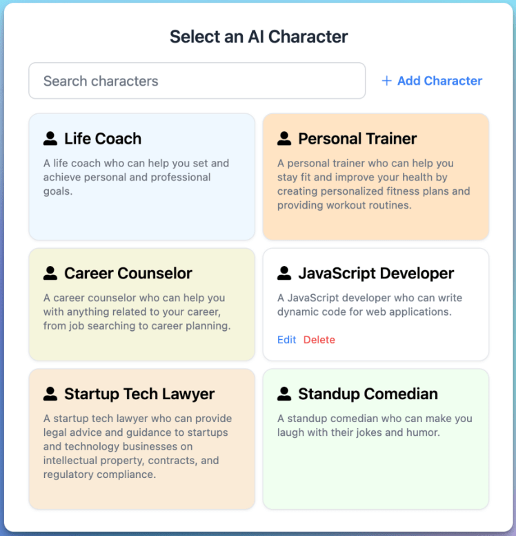 Built-in AI Characters List in TypingMind
