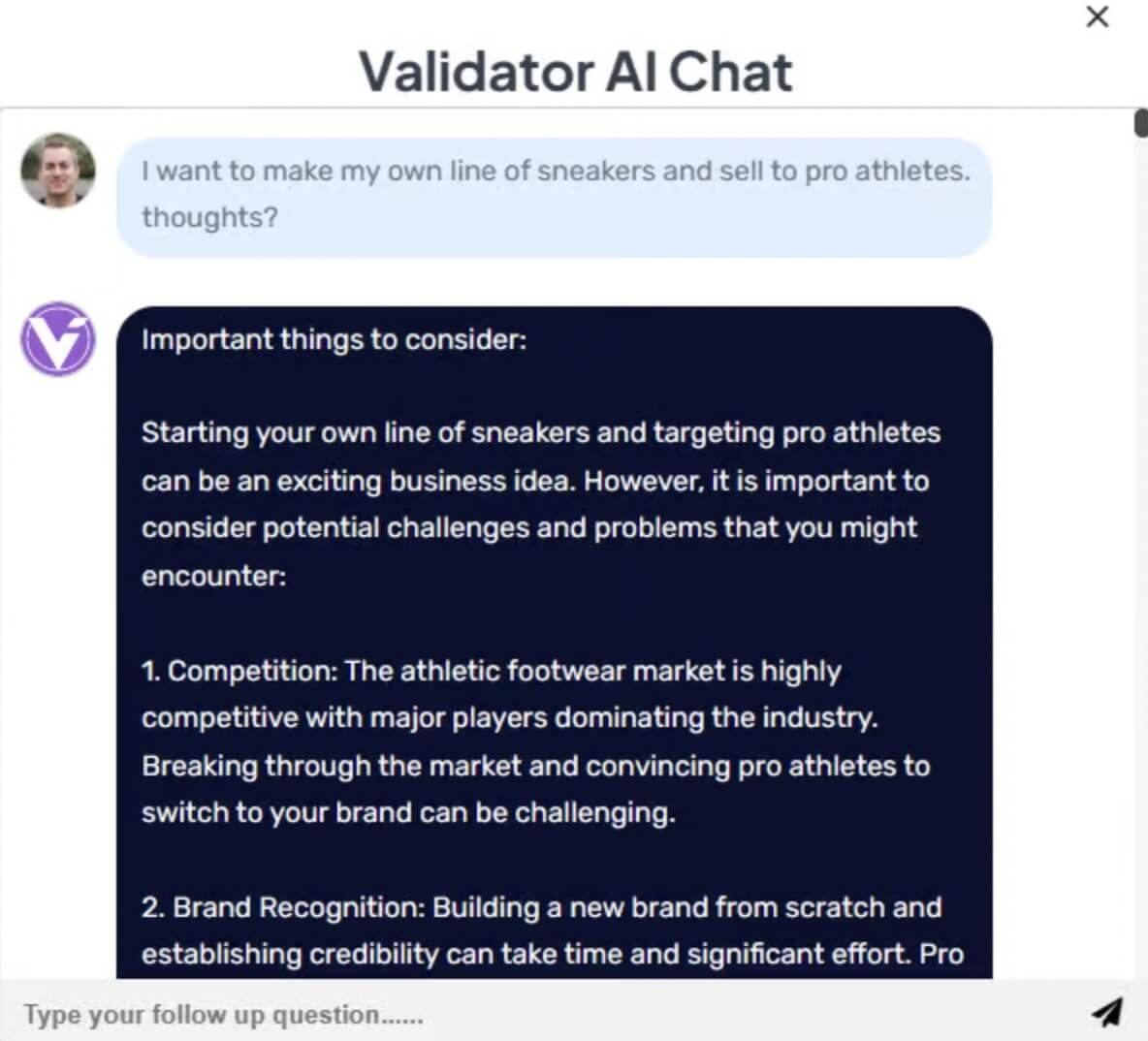 AI-tools voor consulting: Schermafbeelding van de chatbox van Validator AI