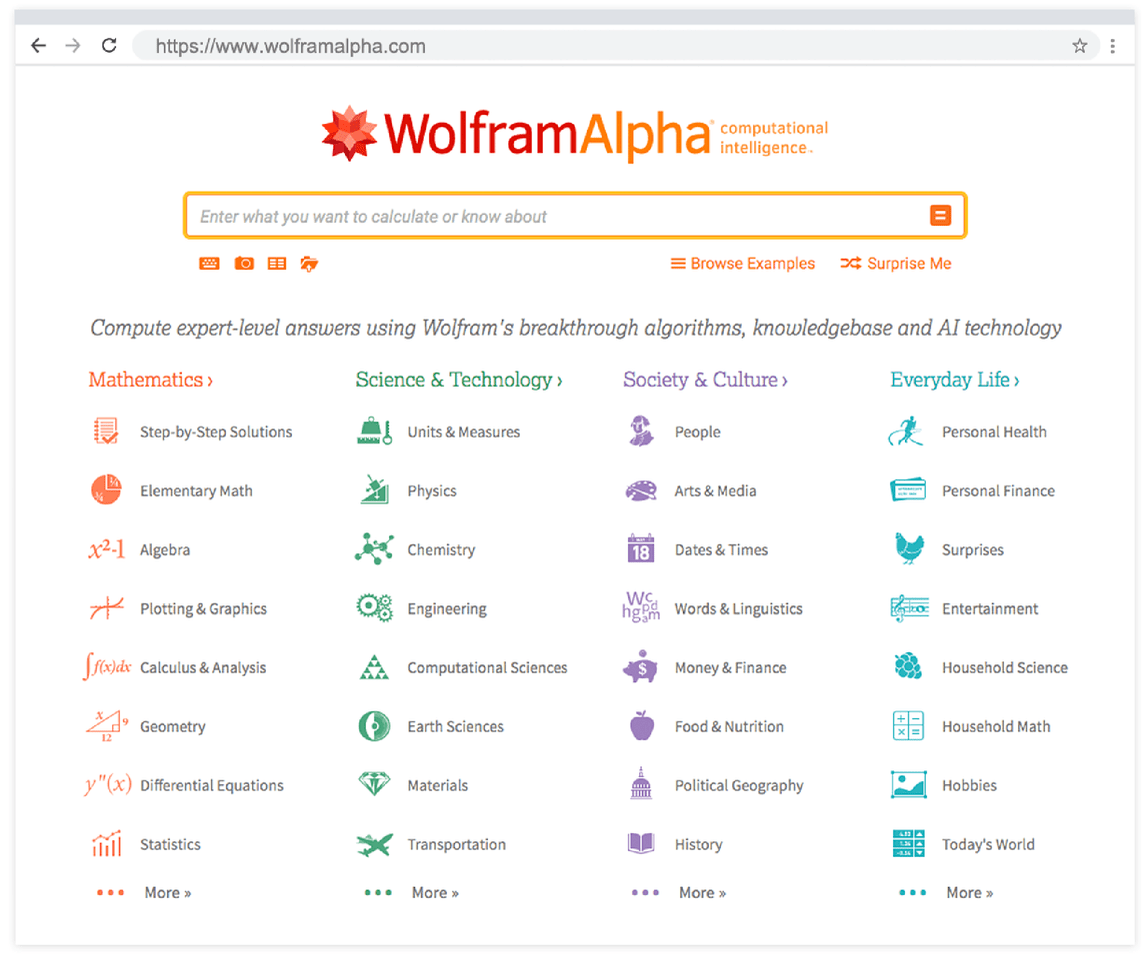 Painel de controle do Wolfram Alpha