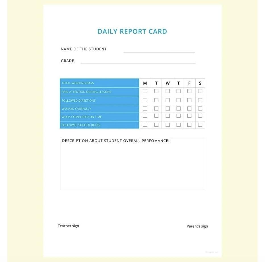 Example of Word Daily Report Card Template by Template.net