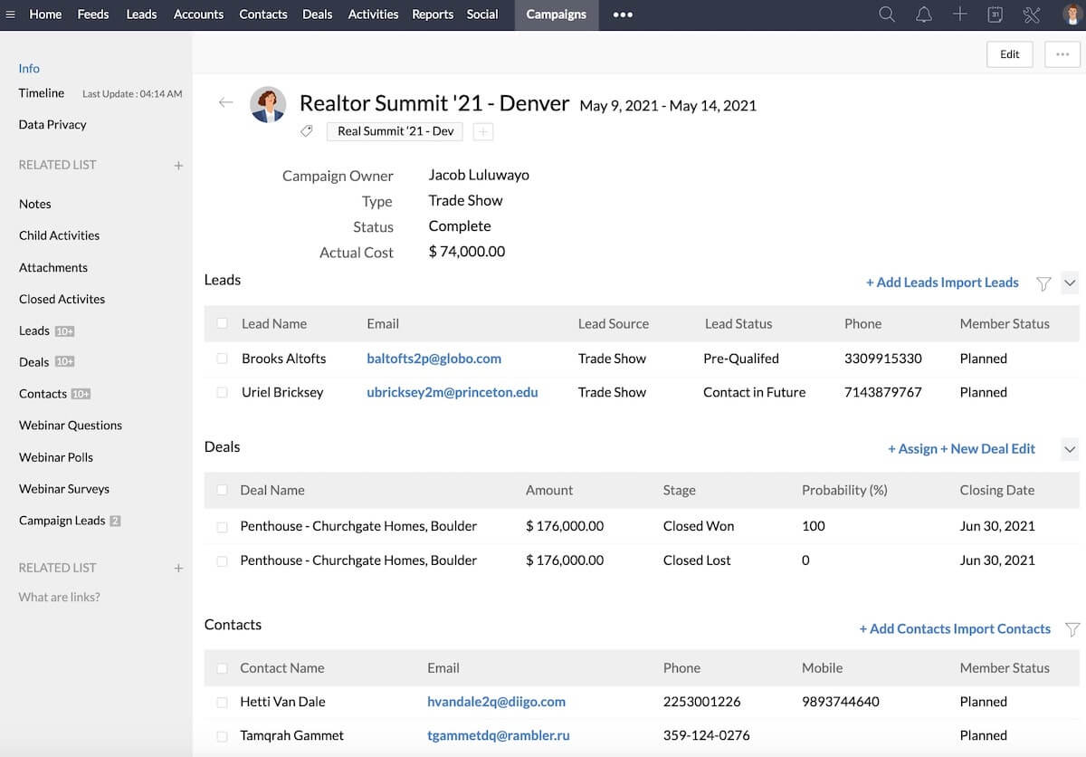 CRM for distributors: Zoho CRM's Campaigns page