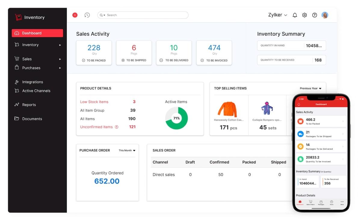 Zoho Inventory dashboard on desktop and mobile views