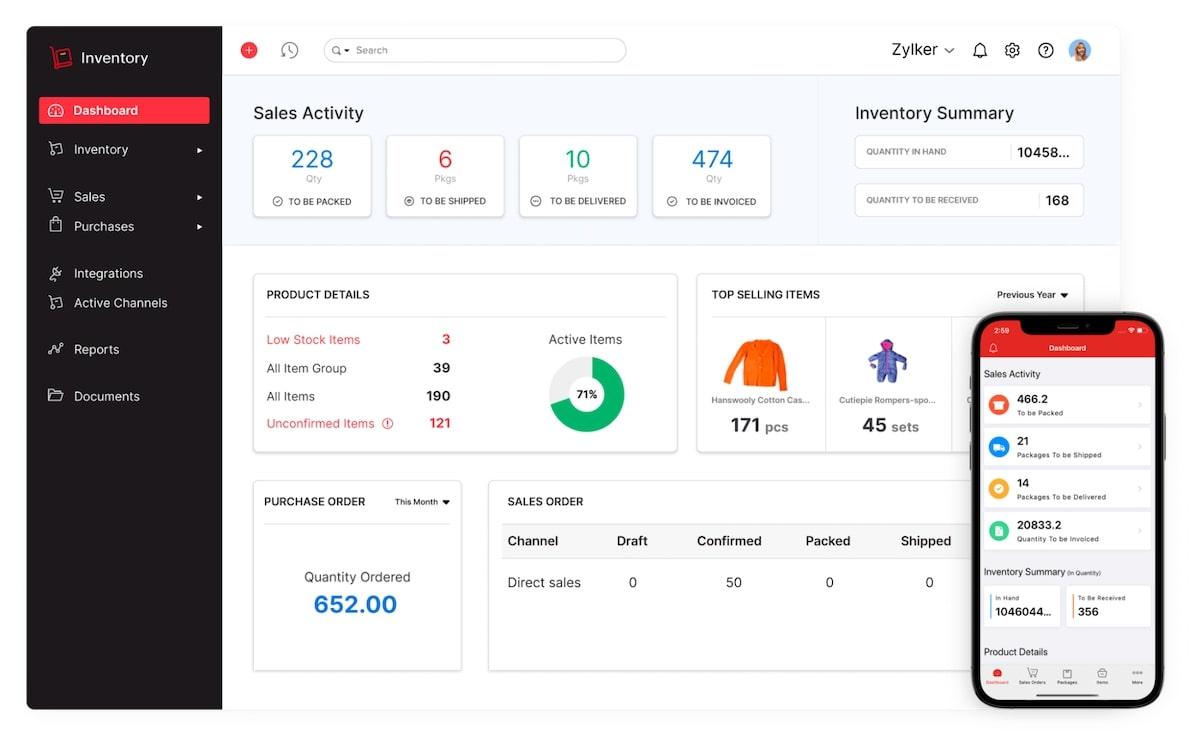 Zoho Inventario panel en el escritorio y vistas móviles