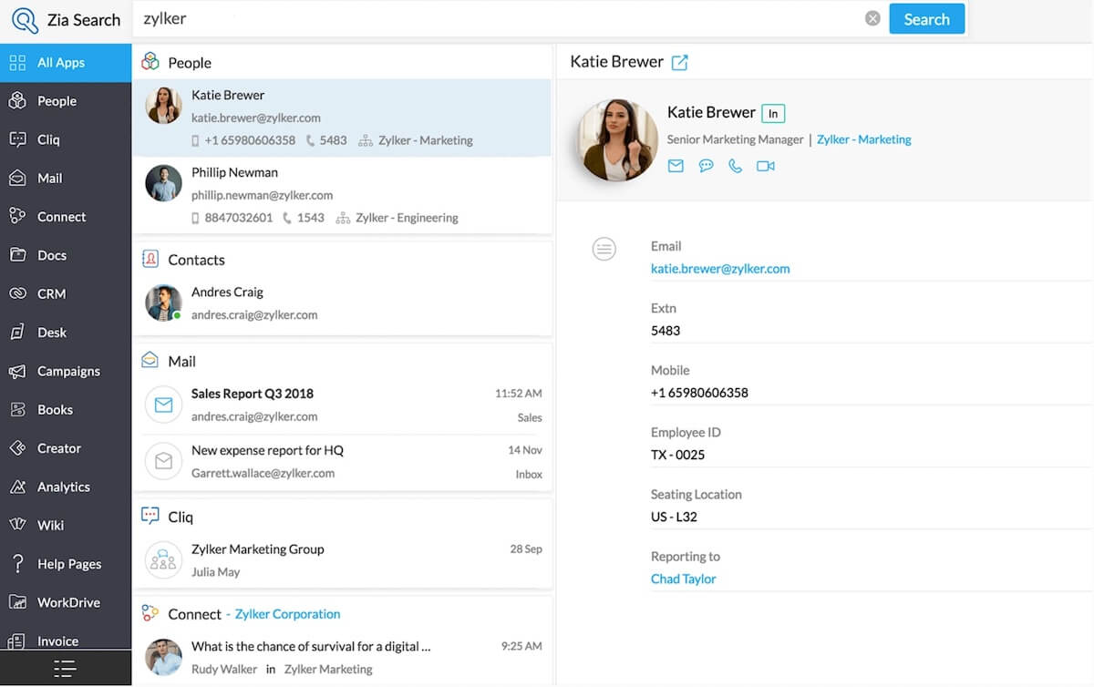 AI tools for CRM: screenshot of Zoho Zia's Contacts