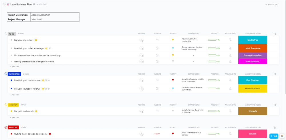 O Modelo de Plano de Negócios Lean do ClickUp foi criado para ajudá-lo a planejar e executar com eficácia sua estratégia de negócios.