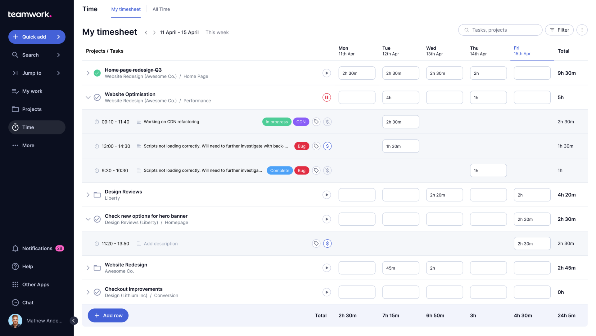 Ferramentas de controle de produtividade de funcionários do Teamwork