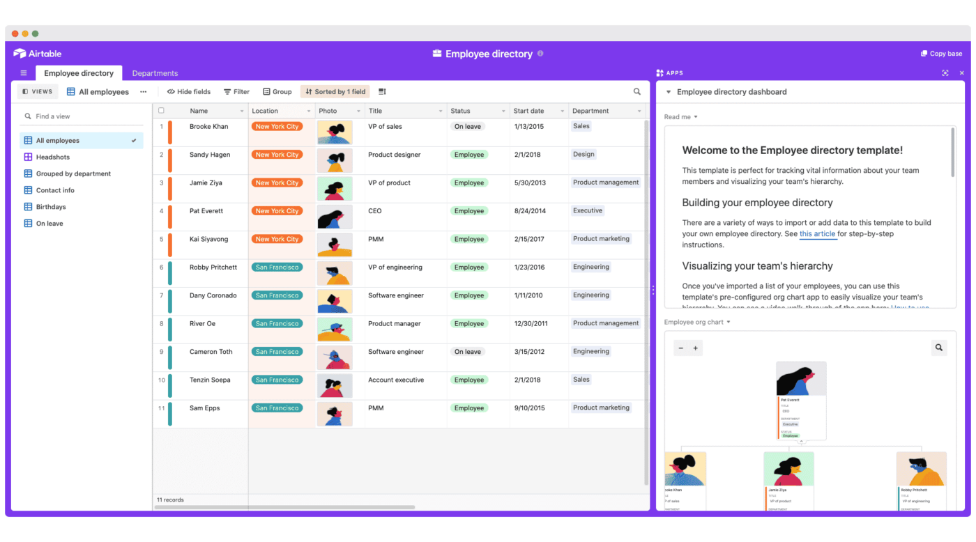 Szablon katalogu pracowników Airtable