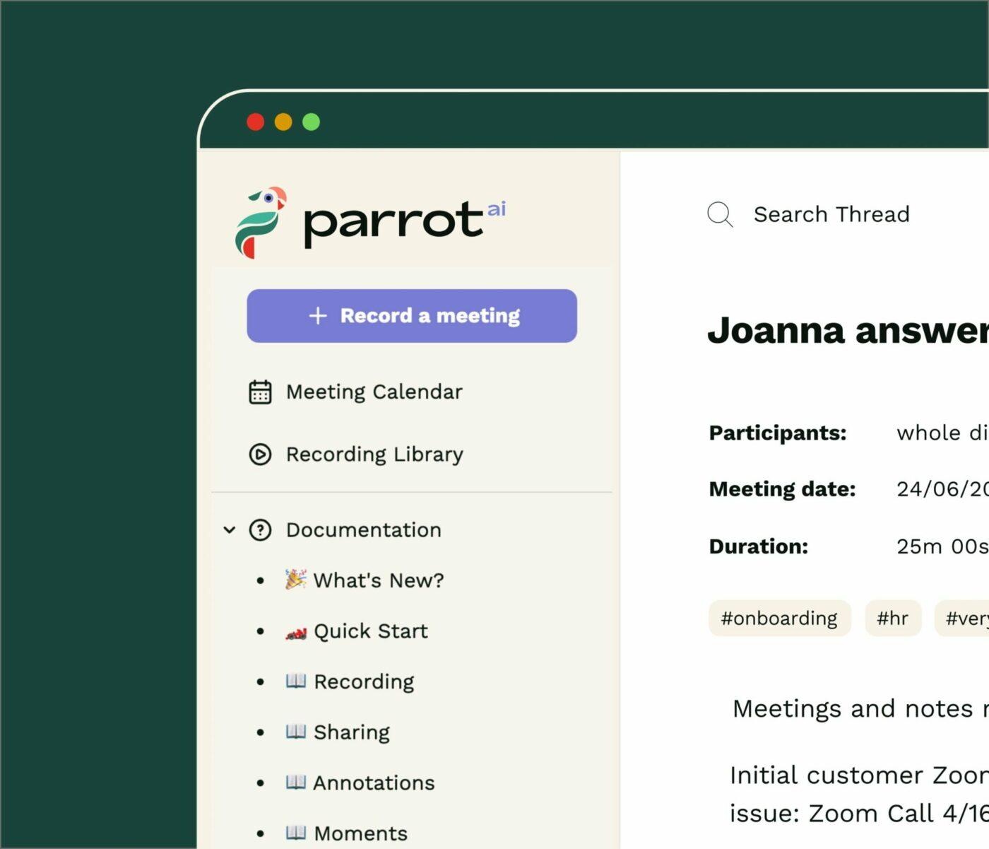 Painel de controle do Parrot AI