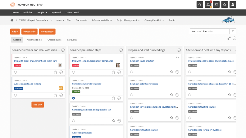 Dashboard del software di gestione delle operazioni legali di Thomson Reuters