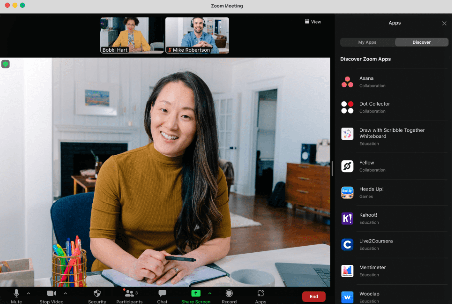 A teacher's Zoom meeting with optional apps available