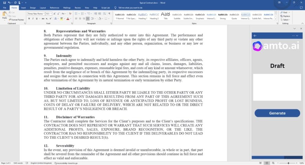 AI tools for lawyers: example of a contract generated by Amto