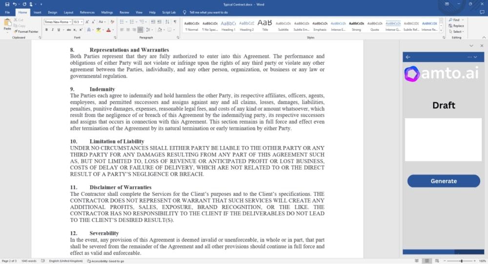 AI-tools voor advocaten: voorbeeld van een contract gegenereerd door Amto