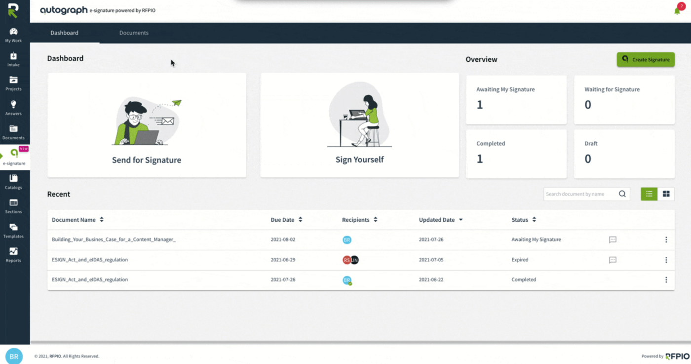 Checking pending RFPs that are waiting for a signature through Responsive