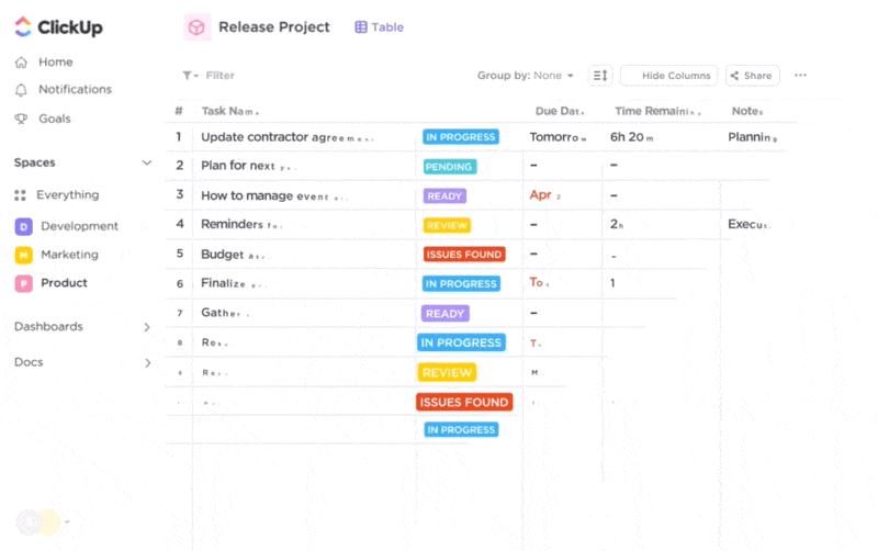 Odoo alternatives: ClickUp’s Table, List, Gantt, and Board views