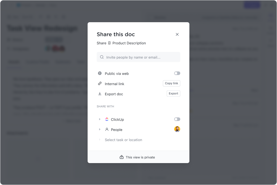 ClickUp 3.0 Docs Sharing feature