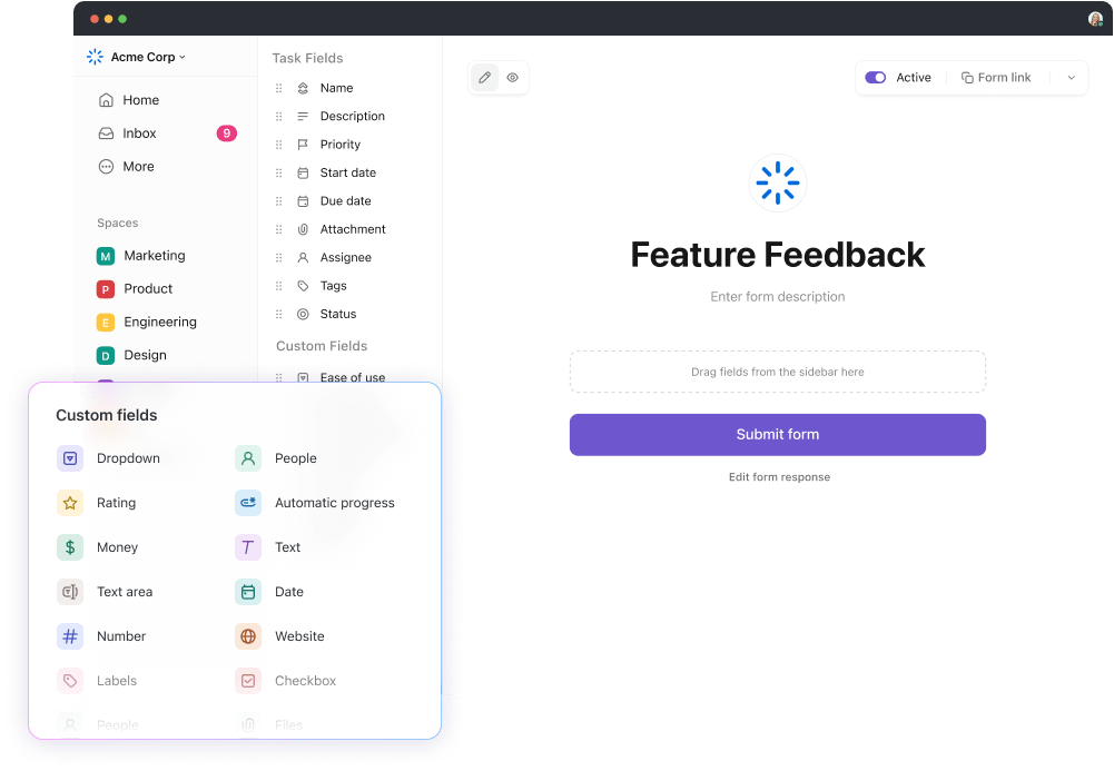 ClickUp's Form view with Custom Fields