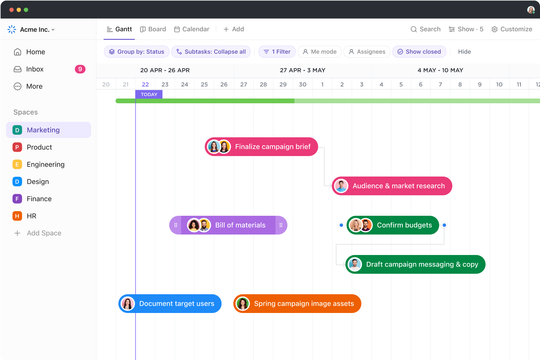 ClickUpのガントチャートビューを使って、すべてのタスクとタイムラインを含むプロジェクト全体のスケジュールを視覚化しましょう。