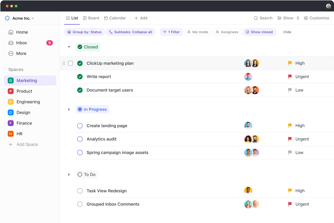 ClickUp 3.0 Visualização de lista com filtros