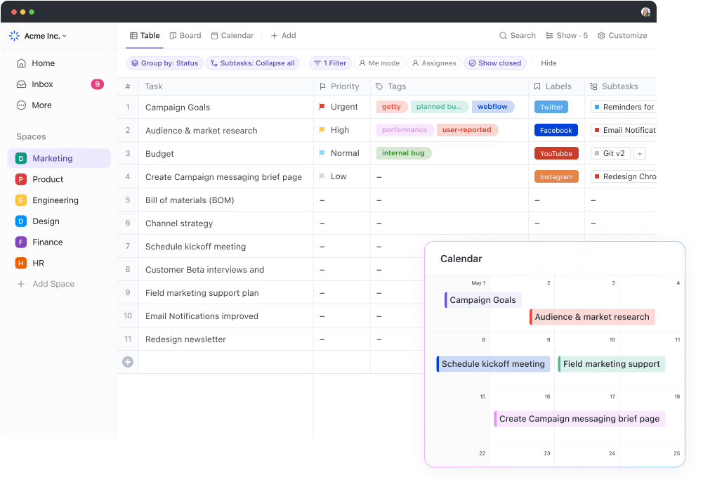 ClickUp's Table view and Calendar view