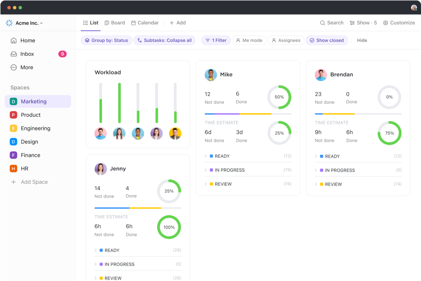 Visão de equipe simplificada do ClickUp 3.0