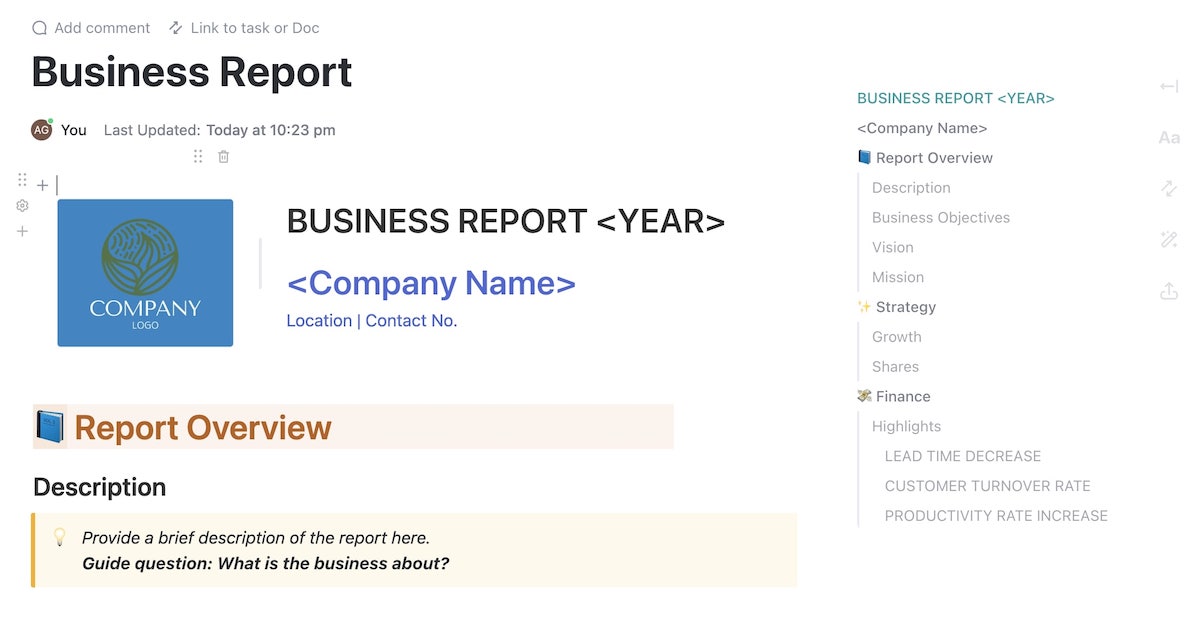 ClickUp Business Annual Report Template