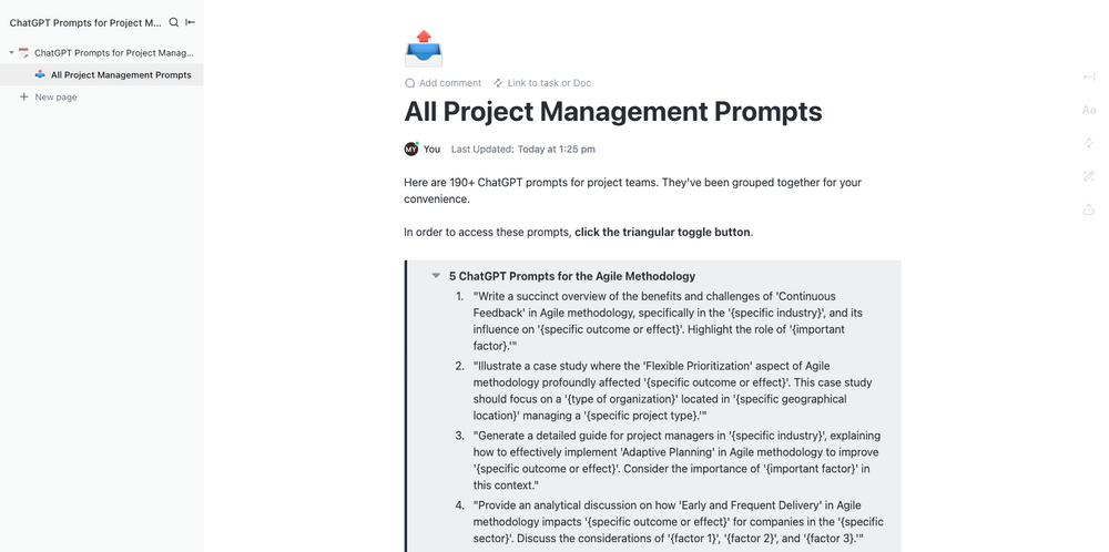 Use ClickUp’s GPT Prompts for Project Management Template to generate project ideas tailored to your company's needs 