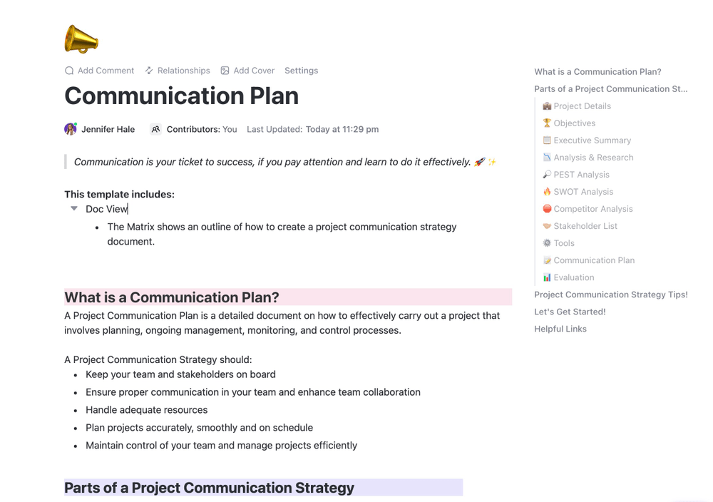 Use the ClickUp Communication Plan template to create a process roadmap for seamless team and customer communication