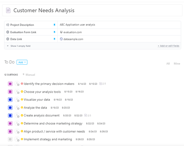 ClickUp's Customer Needs Analysis Template is designed to help you analyze customer needs and identify new opportunities for improvement.  