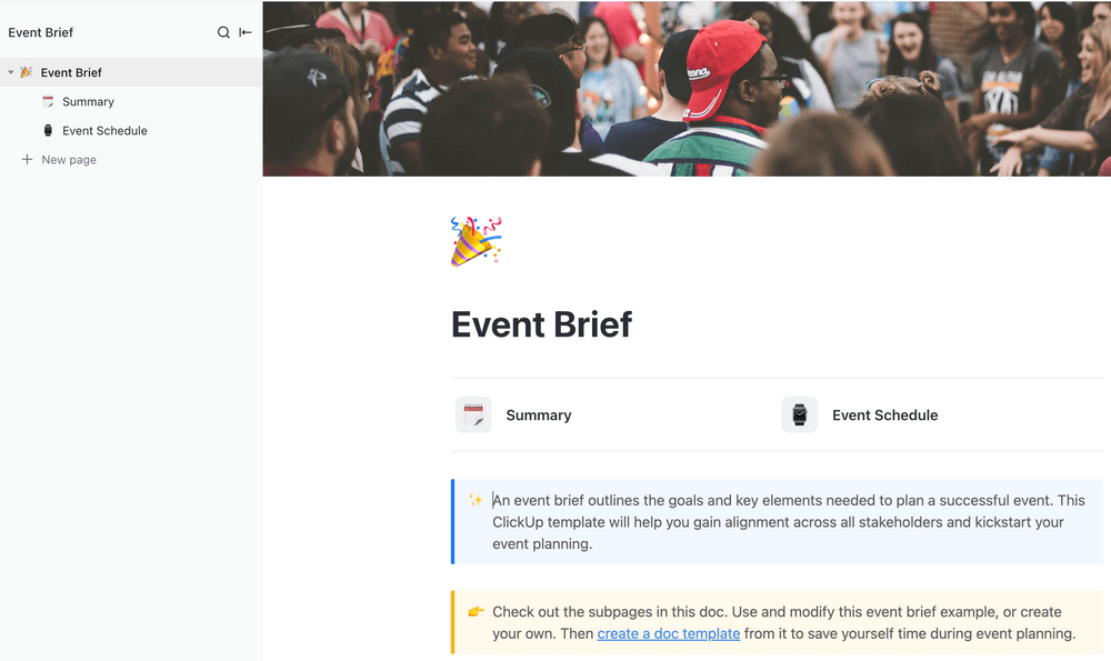 The Event Brief Template by ClickUp will help you gain alignment across all stakeholders and kickstart your event planning.