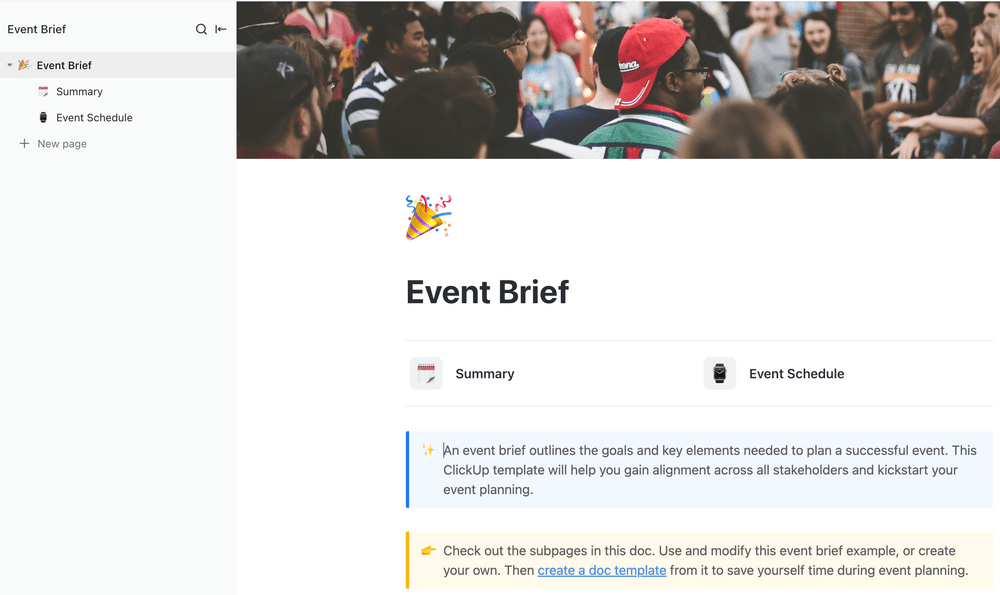 Die Event Brief-Vorlage von ClickUp hilft Ihnen, alle Beteiligten in Einklang zu bringen und Ihre Eventplanung in Gang zu bringen.  