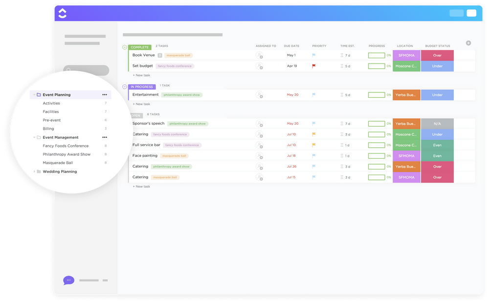 Simplifique todas as suas operações sem esforço com o modelo de calendário de planejamento de eventos da ClickUp