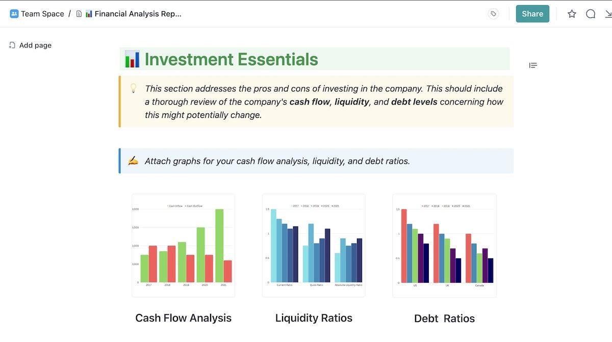 Modelo de relatório de análise financeira do ClickUp