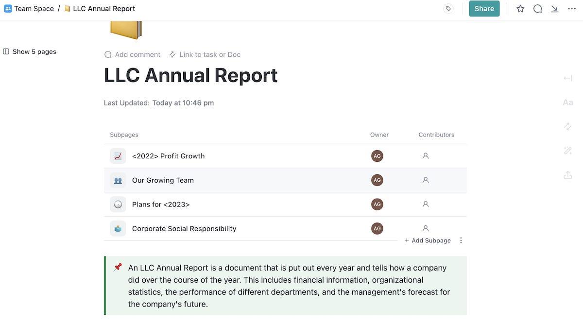 Plantilla de informe anual de ClickUp LLC