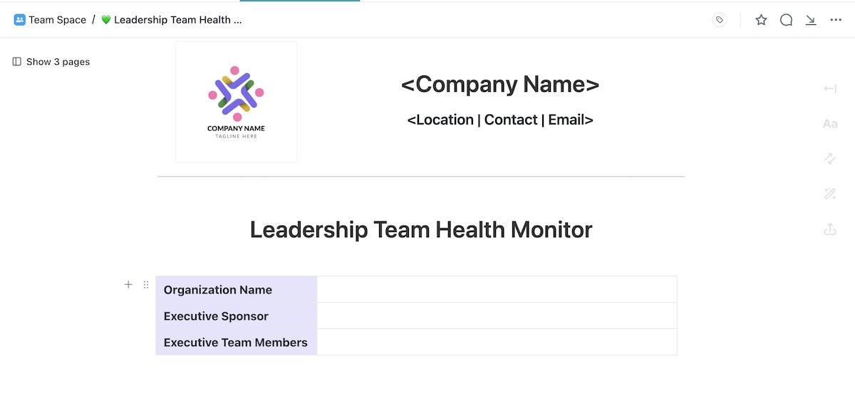 Screenshot del modello di monitoraggio dello stato di salute del team di leadership di ClickUp