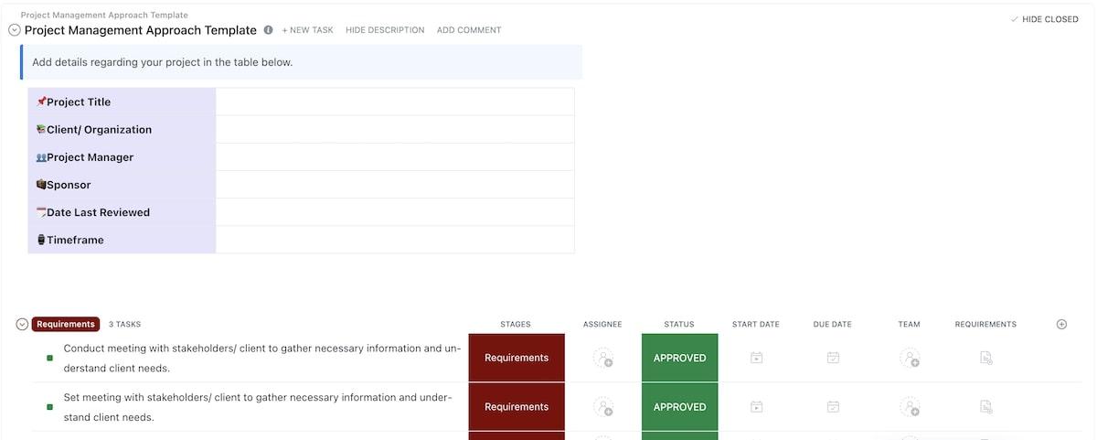 Plantilla de enfoque de gestión de proyectos de ClickUp