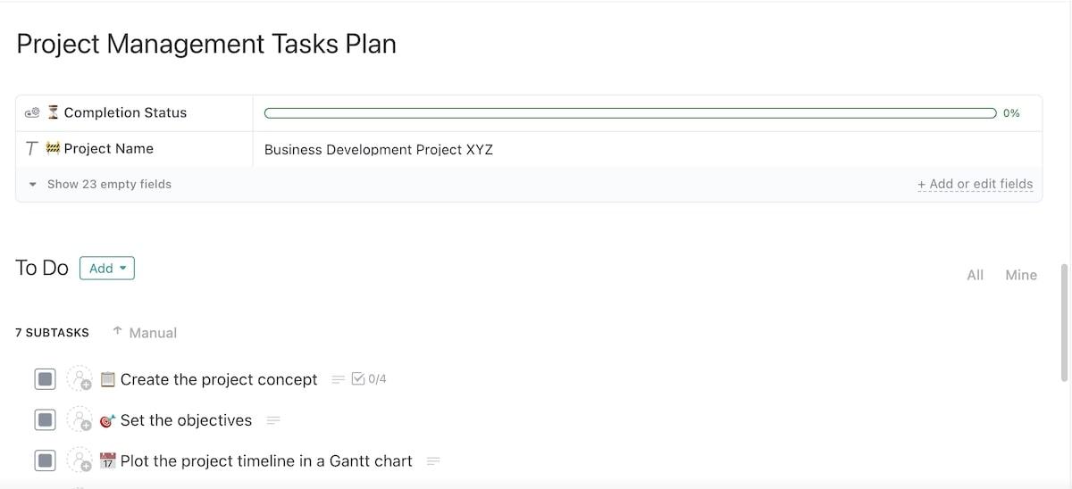 Screenshot of ClickUp's Project Management Tasks Plan Template