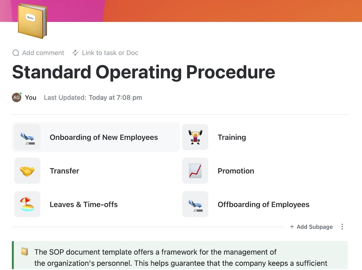 Screenshot of ClickUp's Standard Operation Procedures Template