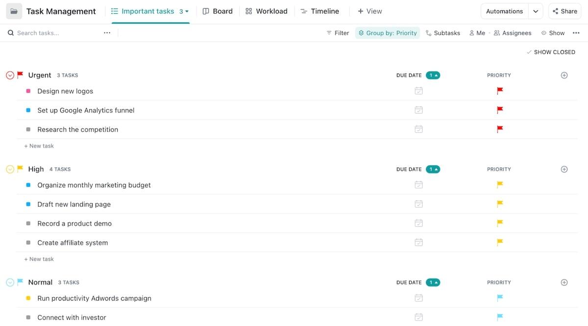 An example of ClickUp's Task Management Template