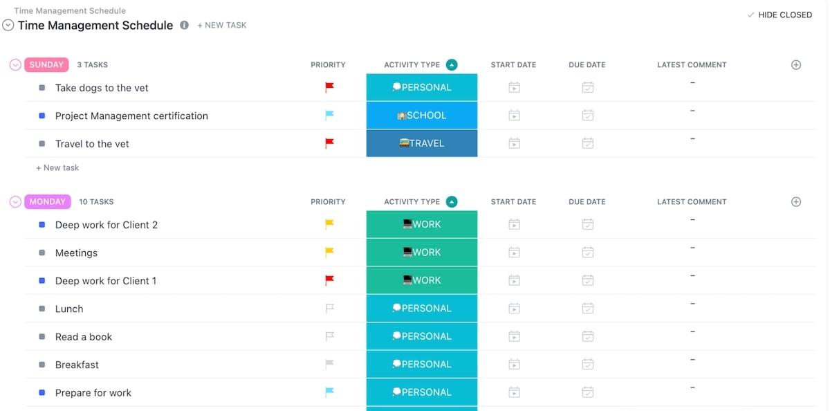 Improve work performance: An example of ClickUp's Time Management Schedule Template