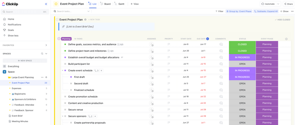 Manage logistics and expenses seamlessly with ClickUp’s Large Event Planning Template