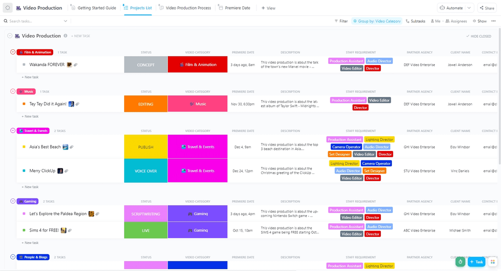 ClickUp's Video Production Template