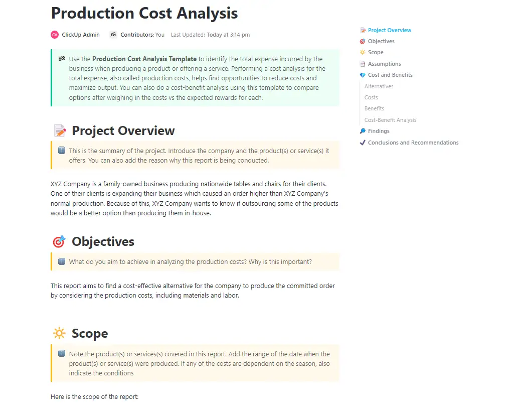 Organize raw materials and other assets with ClickUp's Production Cost Analysis Template