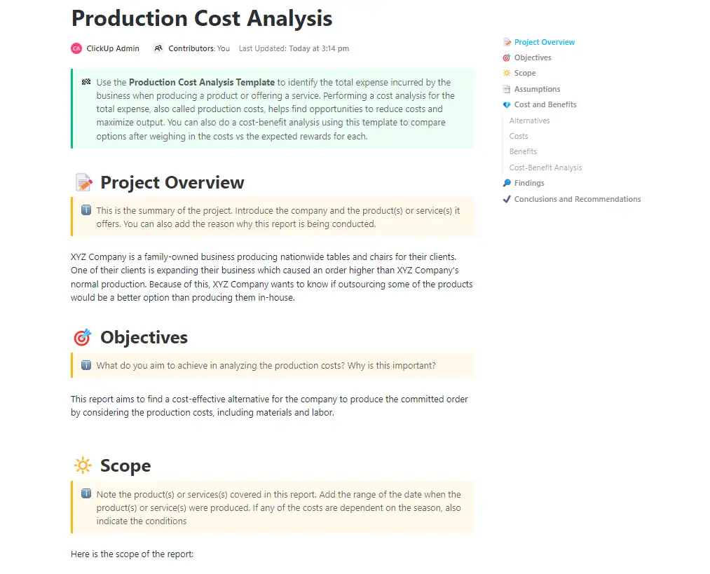 Un rapport d'analyse des coûts sur ClickUp Docs