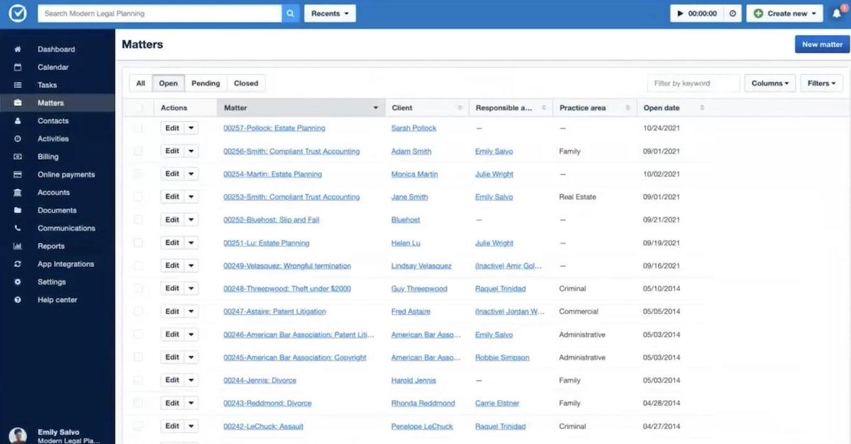 Legal Workflow Software: screenshot of Clio's Matters page