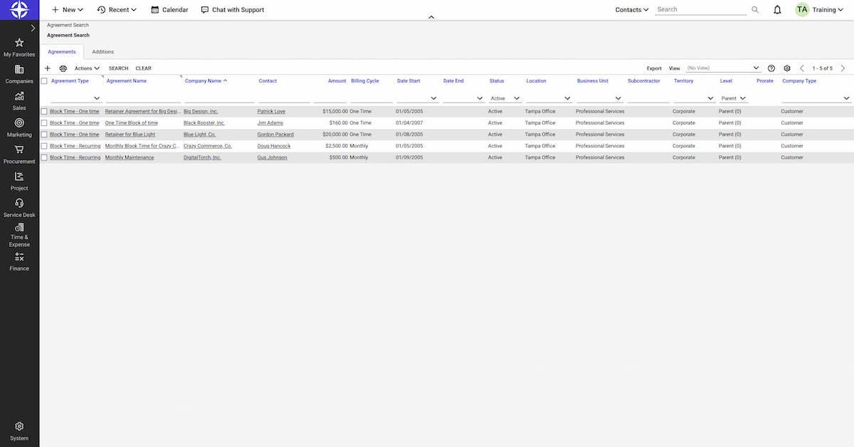 Capture d'écran de la page des accords de ConnectWise