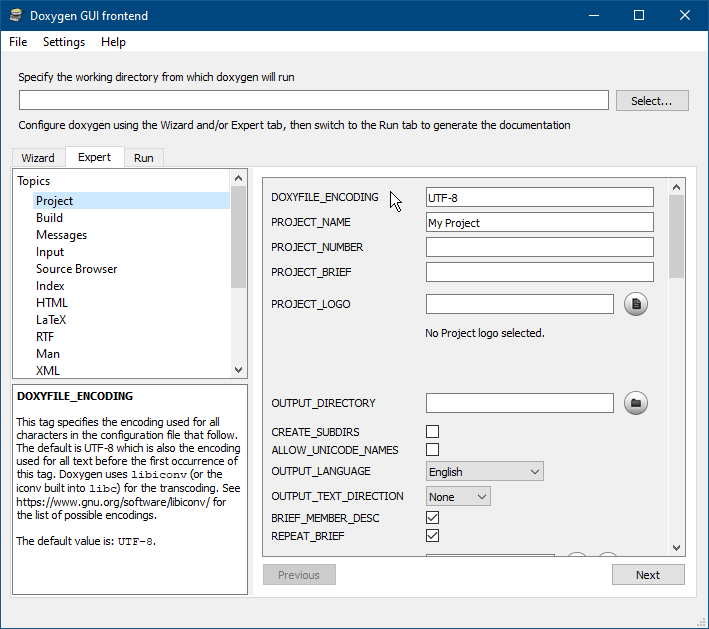 Erstellen eines neuen Projekts in Doxygen