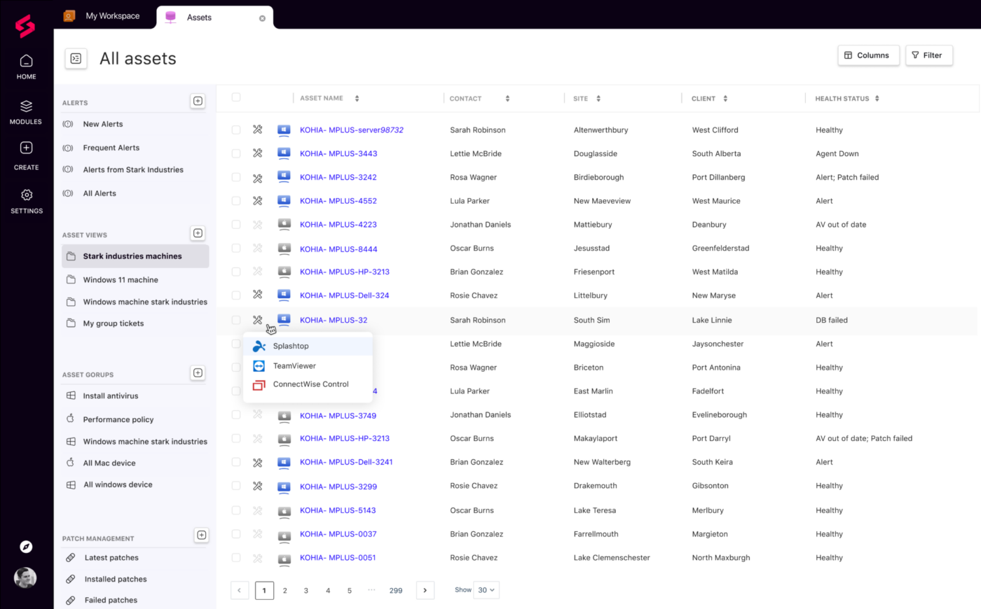 Tableau de bord permettant d'accéder aux actifs via SuperOps.ai, une solution logicielle de documentation informatique