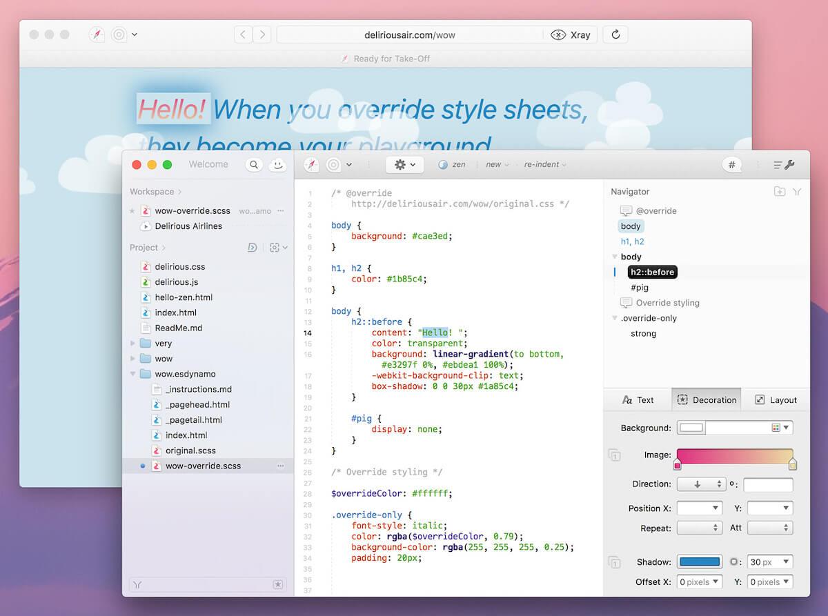 La visualizzazione dell'editor di codice di Espresso