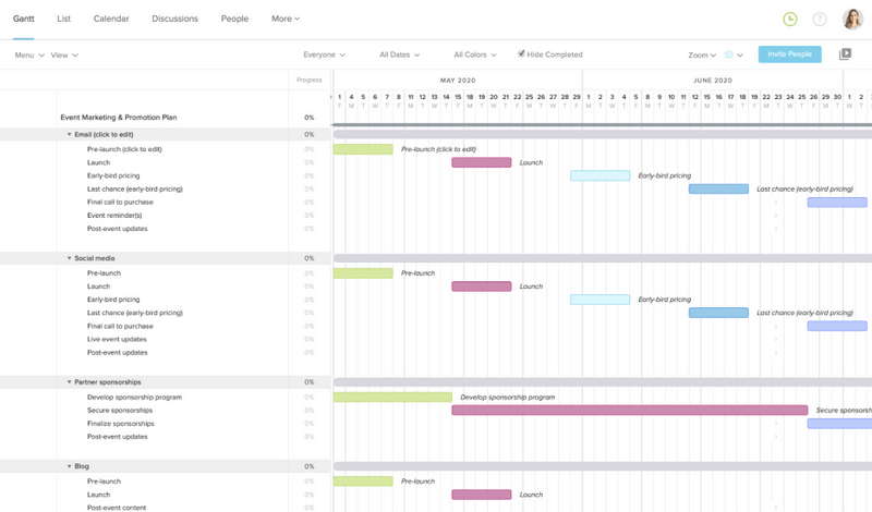Event planning template for TeamGantt's Gantt chart construction software