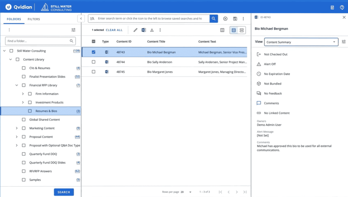 Esempio di dashboard di Qvidian per organizzare le informazioni RFP